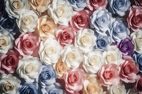 Colorful Paper Roses as a Vibrant Backdrop for your Next Event. created with Generative AI © photobuay
