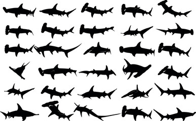 Collection of black silhouettes hammerhead sharks