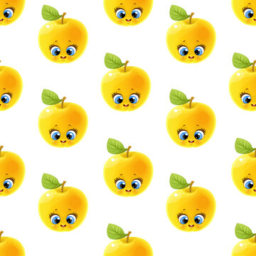 Seamless pattern from cartoon emoji cute yellow apple on white background