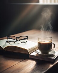 A steaming cup of coffee placed on a wooden table, surrounded by a book and reading glasses