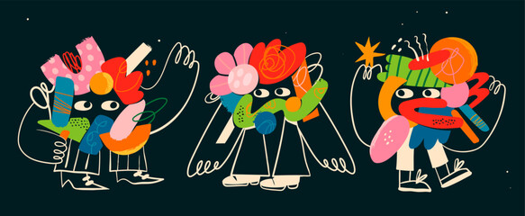 Quirky abstract Creatures. Cute funny characters with eyes, doodle shapes, hands, legs. Cartoon contemporary style. Isolated elements, design templates. Hand drawn modern Vector illustration