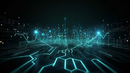 A futuristic technology concept with glowing lines and circuits on a dark background