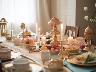 A beautifully decorated table setting for an Eid Mubarak celebration with traditional ornaments and dishes