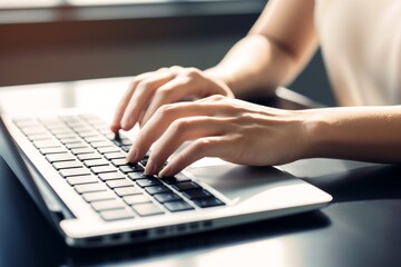 A close-up of a woman's hands typing on a laptop keyboard, with focus on the keys