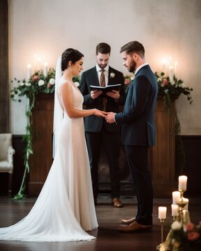 A bride and groom exchange rings during their wedding ceremony, symbolizing their union