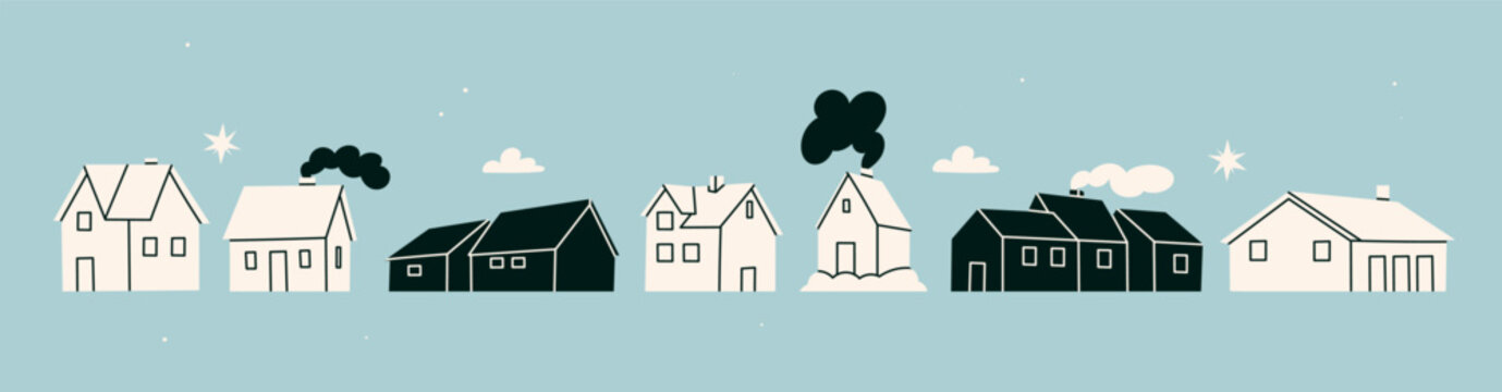 Set of various small tiny Houses. Paper cut cartoon minimal style. Flat design. Hand drawn Vector illustration. Isolated black and white design elements. Building, sweet home, real estate concept