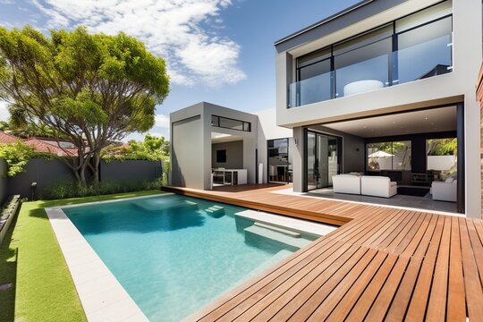 A modern luxurious real estate property with a swimming pool and a well-manicured garden
