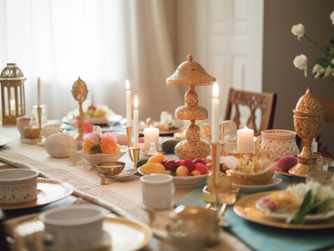 A beautifully decorated table setting for an Eid Mubarak celebration with traditional ornaments and dishes