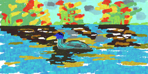 Fototapeta na wymiar ducks in the pond hand painted picture 