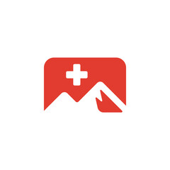 Red Peak Mountain with Health Cross in Rounded Corner Rectangle Logo Design Vector
