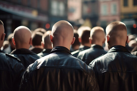 Back view of group of skinhead neo-nazis in leather jackets. 