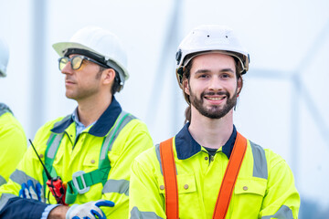 Engineer working and maintenance in wind turbine,Power generation Saving and using renewable energy concept.