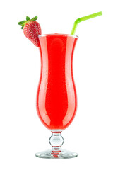 Blended Frozen Strawberry Daiquiri Cocktail with Straw and Berry Garnish Isolated on White Background