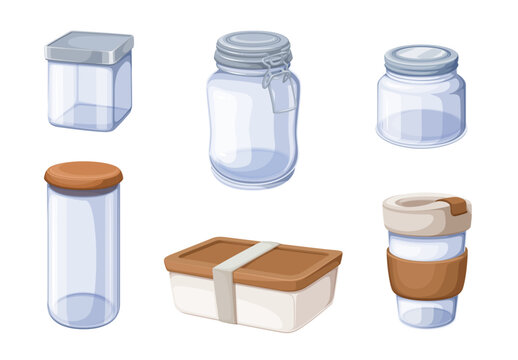 Glass Jars And Lunchbox Set Vector Illustration. Cartoon Isolated Empty Kitchen Box For Food Storage, Eco Container With Wooden Lid, Glass Transparent Zero Waste Container, Eco Reusable Lunch Box