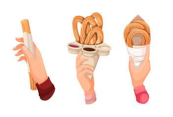 Hands holding paper bags with churros set vector illustration. Cartoon isolated hands of people eating churros with chocolate sauce, sticks from fried sweet dough and sprinkled with sugar powder