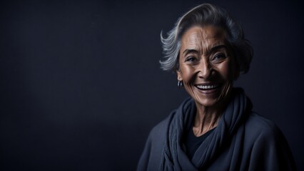 A mature dark-skinned woman with gray hair smiles against a soft dark blue background. Generative AI