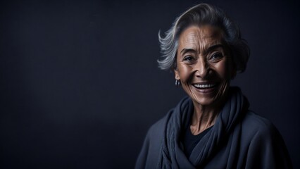 Fototapeta premium A mature dark-skinned woman with gray hair smiles against a soft dark blue background. Generative AI