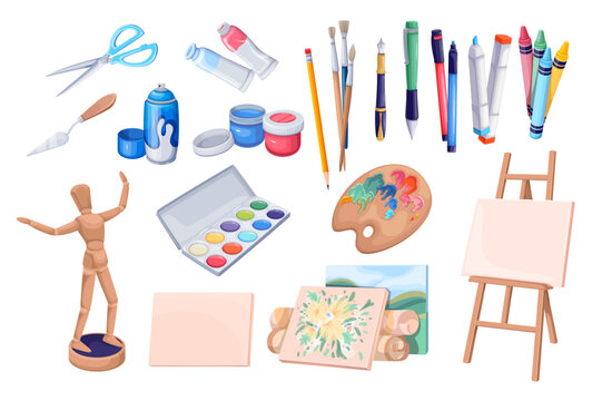 Artists tools set vector illustration. Cartoon isolated office and school stationery, art studio equipment collection to create pictures and graffiti, artists palette and paint brush, pencil and easel