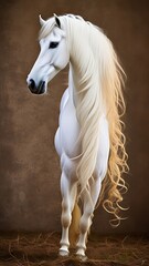 Naklejka na ściany i meble Long wavy mane, proud, standing, majestic horse, stallion, ai generative 