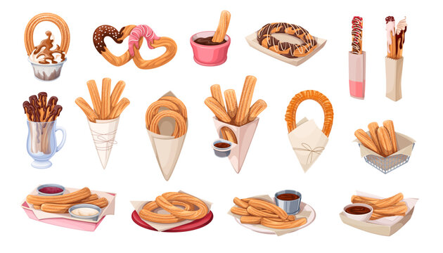 Churros set vector illustration. Cartoon isolated sweet takeaway fast food collection with churro sticks in paper bags and packages with cups of chocolate sauces and dips, fried dessert on plate