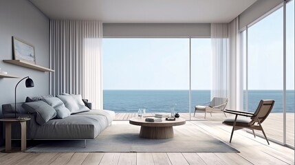 Modern bright room with large windows and sea view