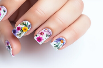 Floral art design on woman hands with flowers on every fingernail. Generative AI