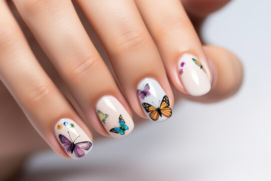 Butterfly art design on woman fingernails with bright colors butterflies on every nail. Generative AI