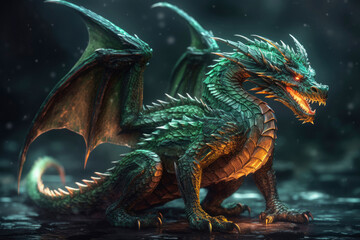 Illustration of green wooden dragon on the dark background. Symbol of 2024. Chinese New Year. High resolution. Generative AI, human enhanced