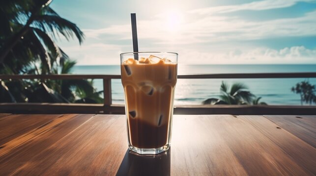 Iced cold coffee at the beach bar with blurred tropical seascape in the background, Generative AI
