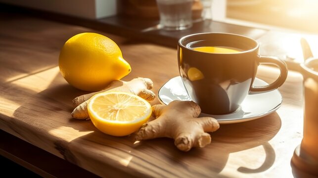 Cup of tea with lemon and ginger on wooden table, Generative AI