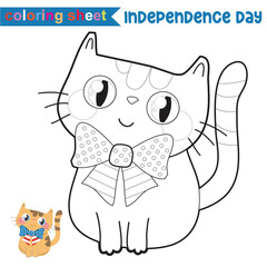 Coloring Sheet kawaii and cute orange kitten wearing bow tie of American flag design for fourth of July celebration