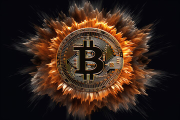 Bitcoin curency in explosion on black background, IA generative