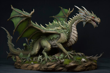 Obraz premium Green wooden dragon on the dark background. Symbol of 2024. Chinese New Year. High resolution. Generative AI, human enhanced
