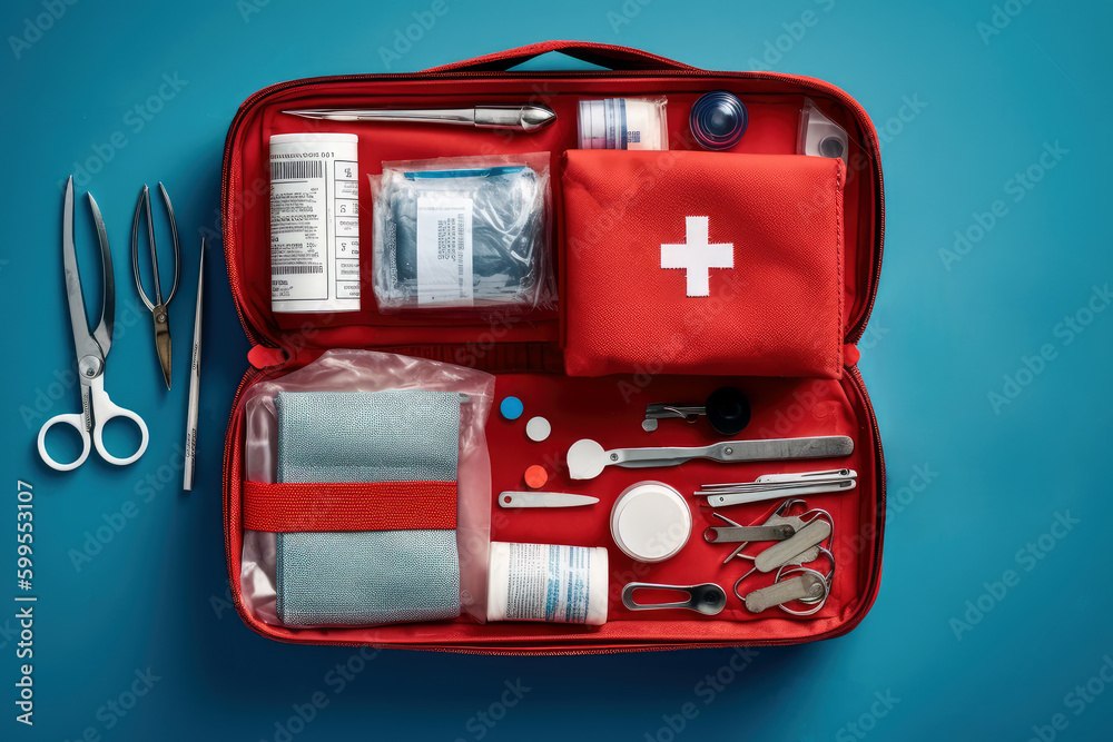 Wall mural ai generative illustration of a red first aid kit with various medication pads and bandages inside.