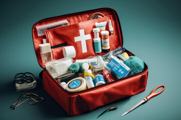 AI Generative Illustration of a red first aid kit with various medication pads and bandages inside. - obrazy, fototapety, plakaty