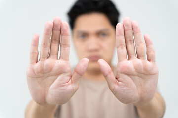 hand showing stop, insult. Pressure, sexism. Racism, stop violence expression with negative, stop...