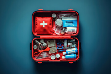 AI Generative Illustration of a red first aid kit with various medication pads and bandages inside.