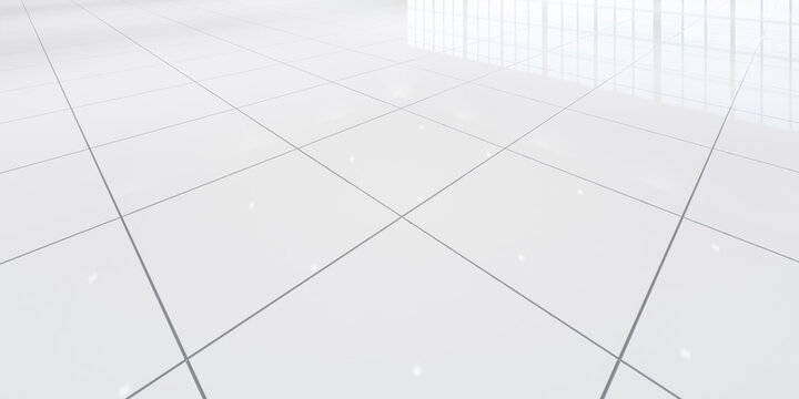 3d rendering of close up white tile floor in perspective view, empty space in room, window and light. Modern interior home design look clean, bright, shiny surface with texture pattern for background.