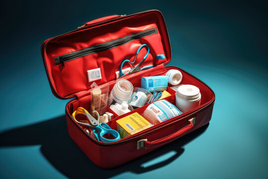AI Generative Illustration of a red first aid kit with various medication pads and bandages inside.