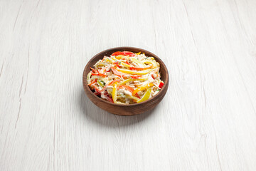 front view chicken salad with mayyonaise and sliced vegetables inside plate on white desk fresh salad meat meal snack