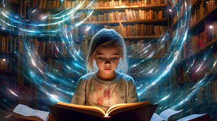 Generative AI Illustration of a girl reading a book while lights and sparks come from behind. Concept about learning in reading - obrazy, fototapety, plakaty