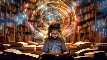 Generative AI Illustration of a girl reading a book while lights and sparks come from behind. Concept about learning in reading