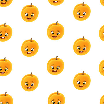 Seamless pattern from cute little cartoon emoji orange apricot on white background