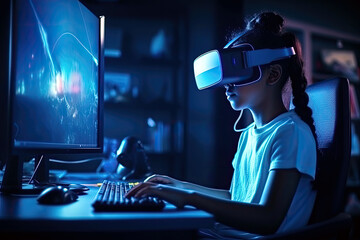 Generative AI Illustration of a girl with VR glasses looking at her computer screen in a dark room illuminated only by blue light reflected from the computer