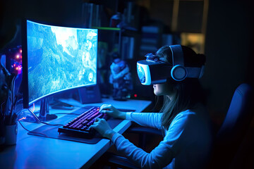 Generative AI Illustration of a girl with VR glasses looking at her computer screen in a dark room illuminated only by blue light reflected from the computer