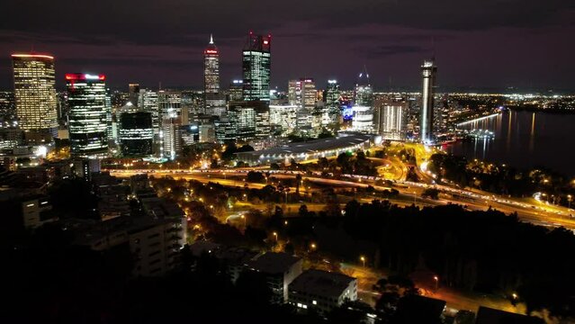 Drone Time lapse hyper lapse of perth from Kings park at night