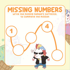 Math game for kids. missing numbers page with colourful and cute unicorn character. Count and write the missing number correctly. Educational printable math worksheet. Counting practice. Vector file