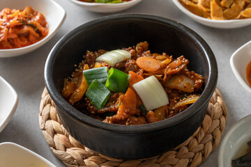 Korean food dish Set Menu of Napa Wraps with Pork Set Menu with Braised Fish Soft Tofu Stew Stir-fried chicken in earthen pot Set Menu with Marinated Beef Ribs