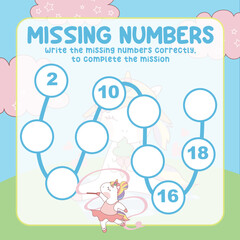 Math game for kids. missing numbers page with colourful and cute unicorn character. Count and write the missing number correctly. Educational printable math worksheet. Counting practice. Vector file