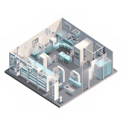 Pharma, pharmaceautical clean room, production line in controlled sterile conditions, industrial interior, isometric cartoon image. Generative AI